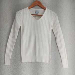 Pure Alfred Sung Sweater Womens S Cable Knit V Neck 100% Cotton Ivory Classic